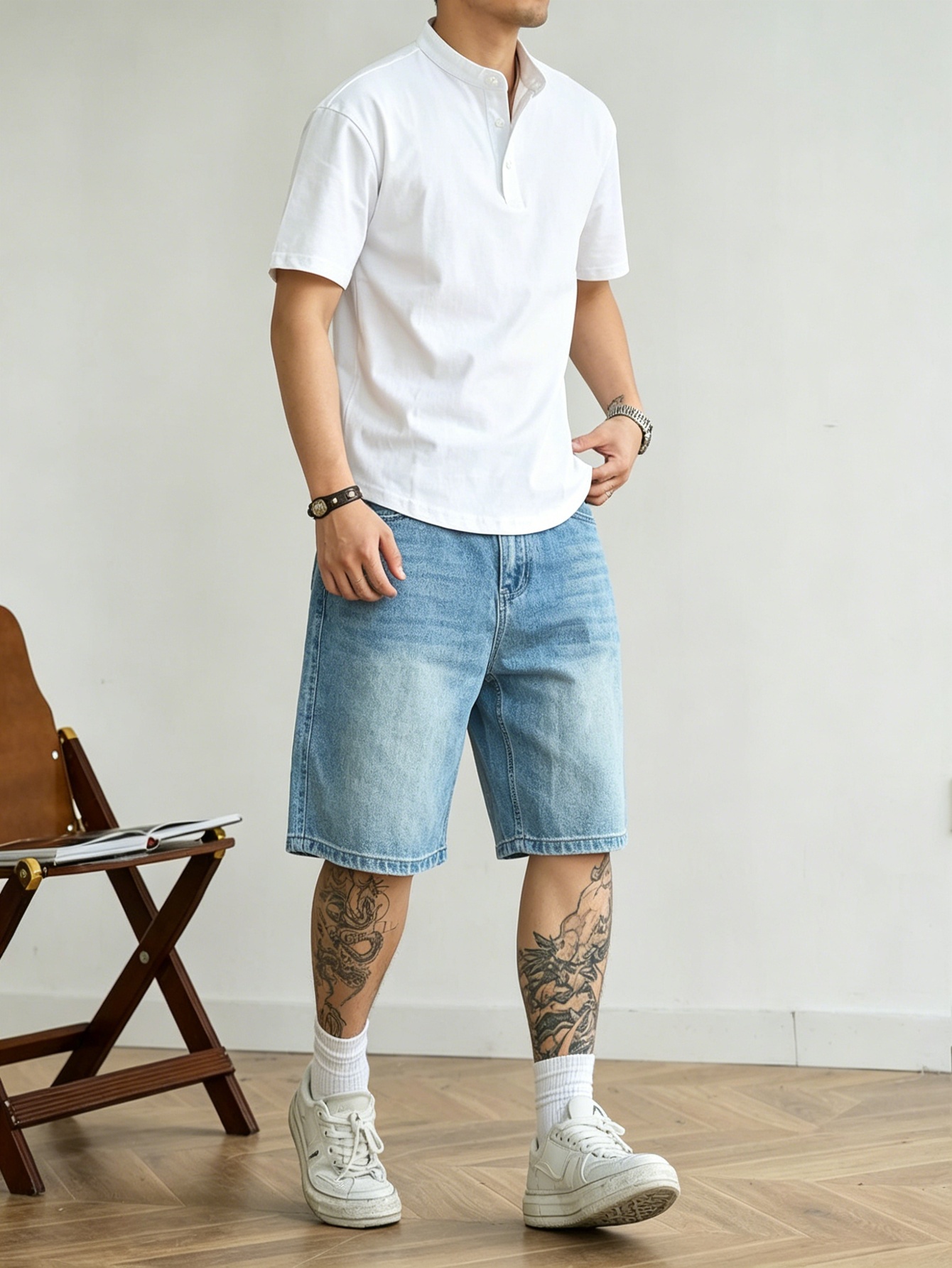 Korean Men Lifestyle - Celana pendek denim biru longgar tanpa